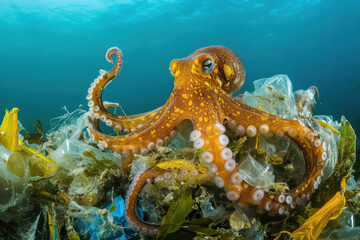 Octopus using recycled ocean plastic as camouflage armor