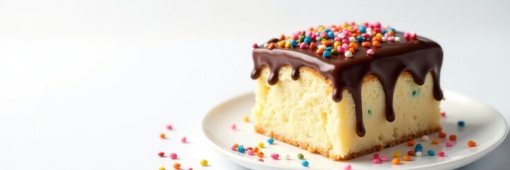 Fototapeta premium Moist vanilla cake topped with rich chocolate ganache and colorful sprinkles on a white background , table, birthday