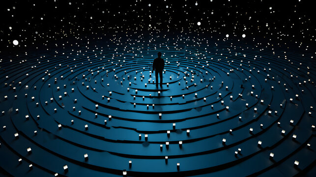 A thoughtful person standing in a maze contemplating the fermi paradox and the complexities of existence and the search for alien intelligence.