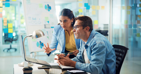 Business people, laptop and teamwork with shock, mistake and meeting for feedback. Employees, surprise and consultant for sales agency, pc and website glitch with email for company review or stress