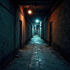 Obraz premium Moody, dimly lit alleyway with crumbling concrete and rusty metal , industrial, textured, grunge