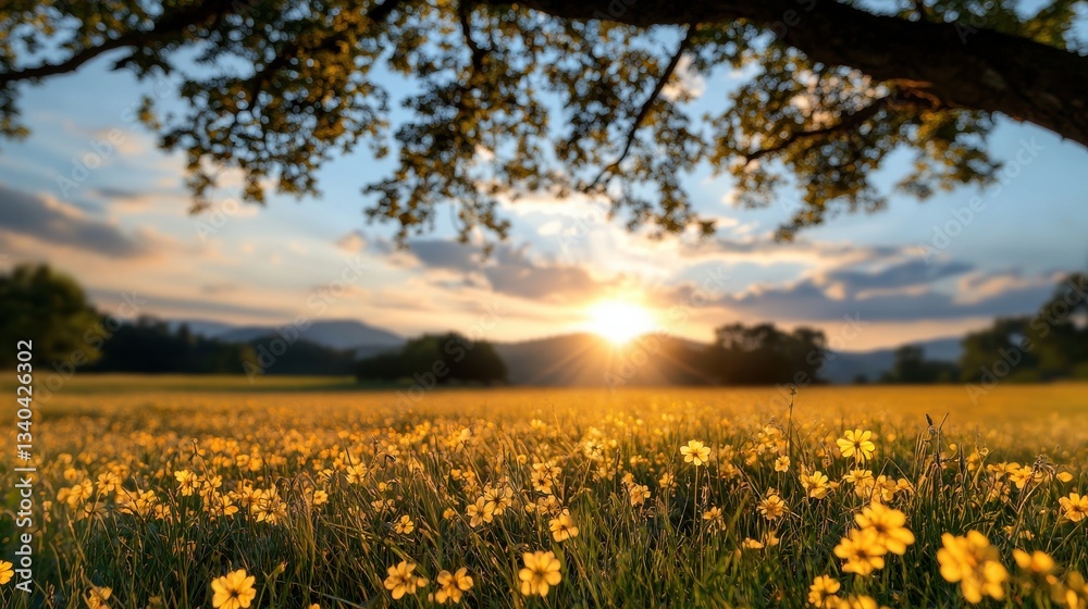 Poster a field of yellow flowers with a tree in the background