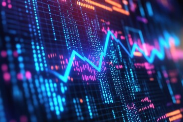 Dynamic financial chart with rising trend line in vibrant blue and pink hues against a dark background