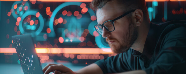 IT Engineer Analyzing Security Logs on Laptop in Modern Workspace