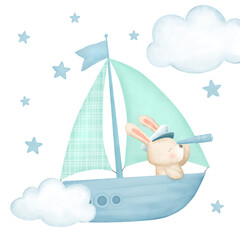 Cute bunny with his yacth on clouds and stars background. Bunny cruise illustration. Baby bunny in boat cartoon drawing for wall art and wall print