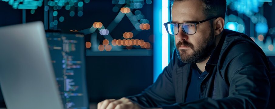 IT Engineer Analyzing Security Logs on Laptop in Modern Office Space