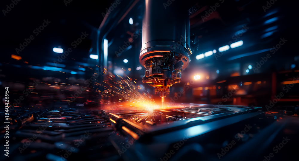 Aufkleber A powerful industrial machine precisely cuts through metal, creating bright sparks in a dark factory setting. Intense orange light illuminates the automated process.