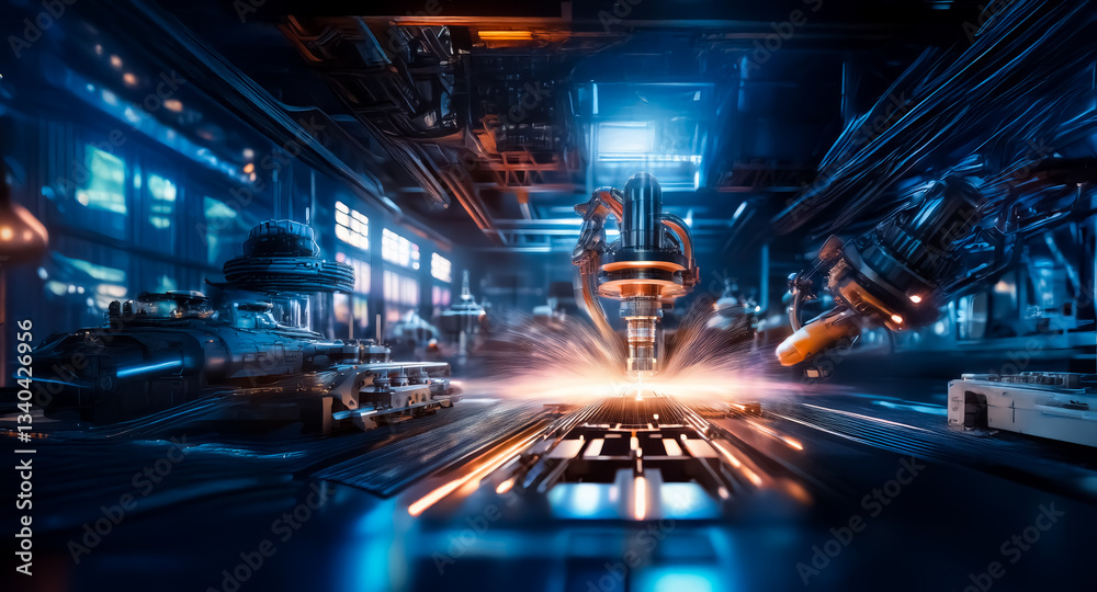 Poster futuristic industrial scene with robotic arms assembling machinery in a high-tech factory. sparks il