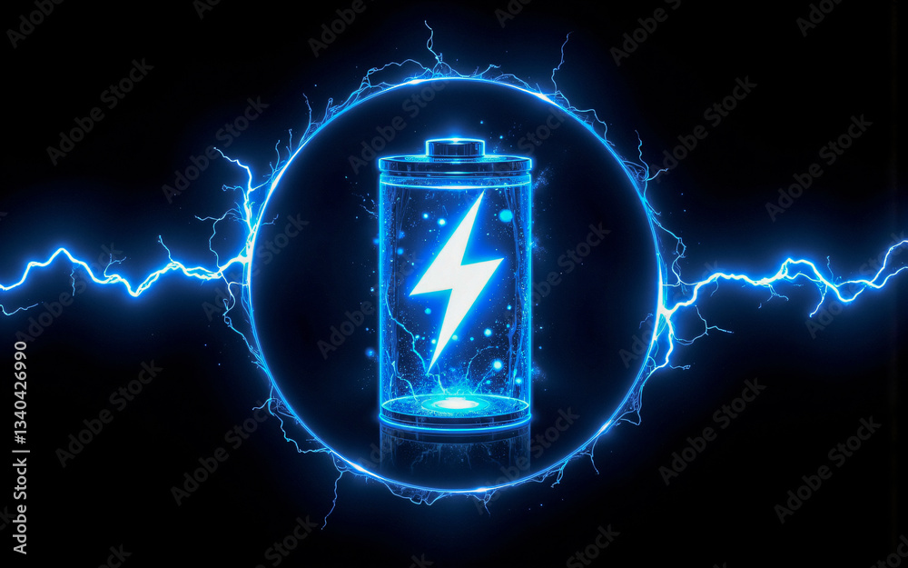 Poster a glowing battery icon emits blue electric sparks in a circular pattern against a dark backdrop, sym