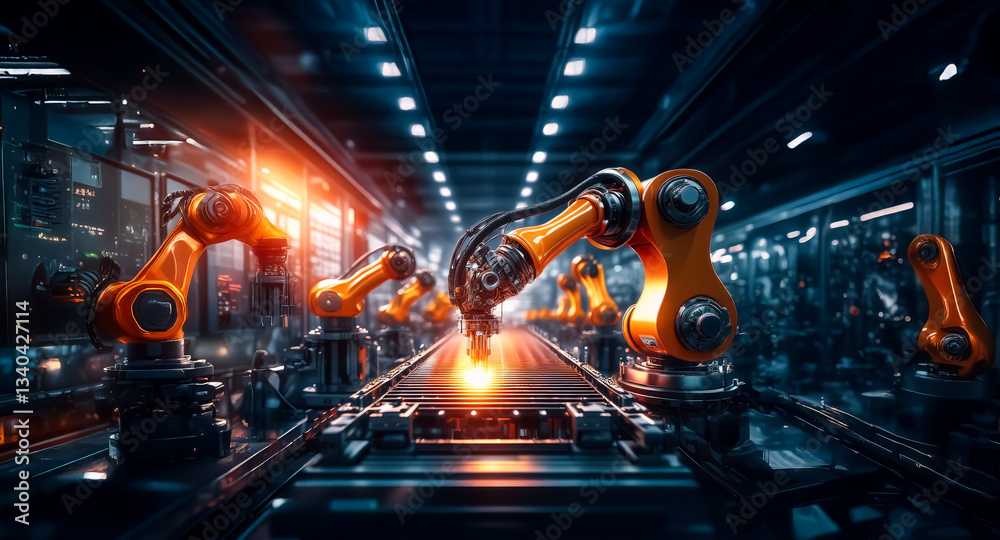 Aufkleber automated robotic arms efficiently work in a modern factory, bathed in bright lights. precision mach