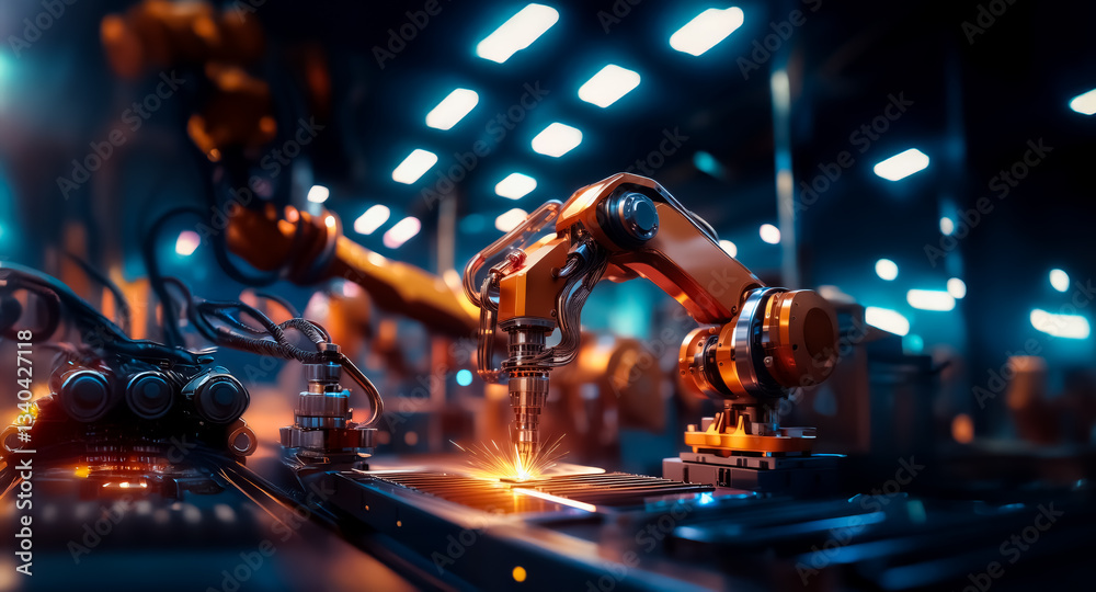 Fototapete automated robotic arms work in a factory setting. sparks fly as they perform tasks with precision in