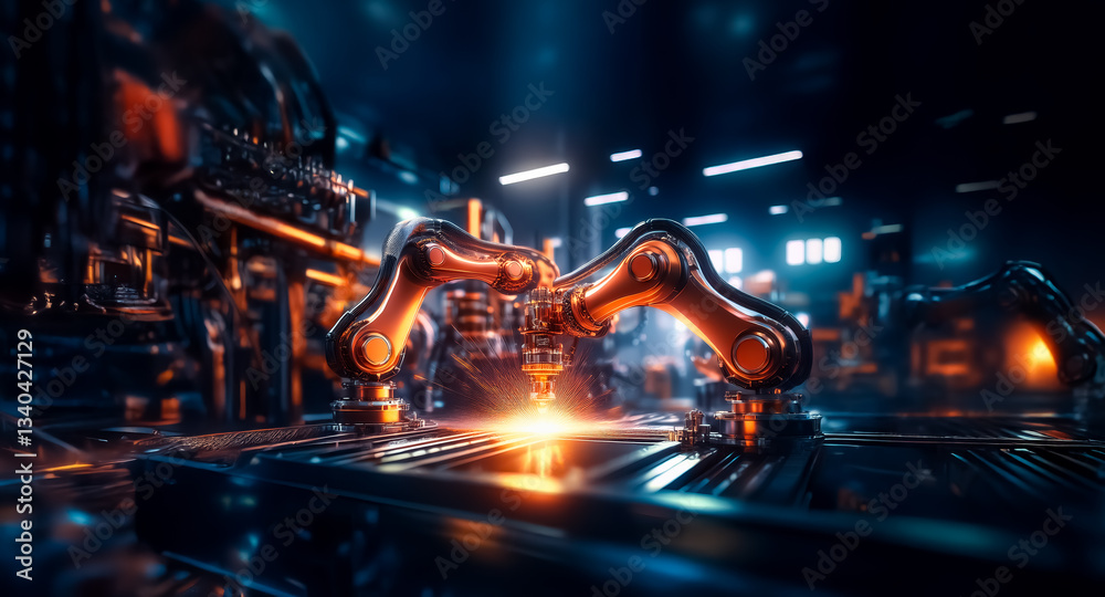 Aufkleber automated robotic arm in a dark industrial factory setting with bright orange and blue lighting. foc