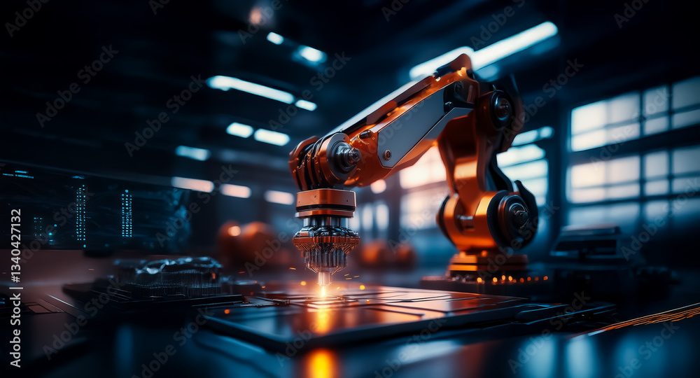 Aufkleber A robotic arm in a dark factory setting performs metalwork, creating sparks. Industrial automation and precision are highlighted in this technological scene.