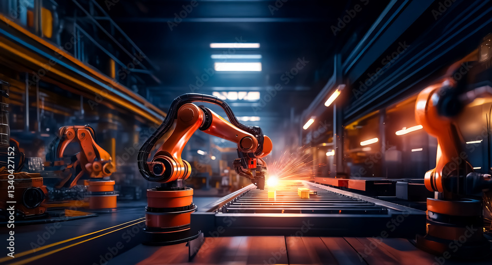 Poster automated factory floor featuring orange robotic arms working on a conveyor belt, with sparks flying