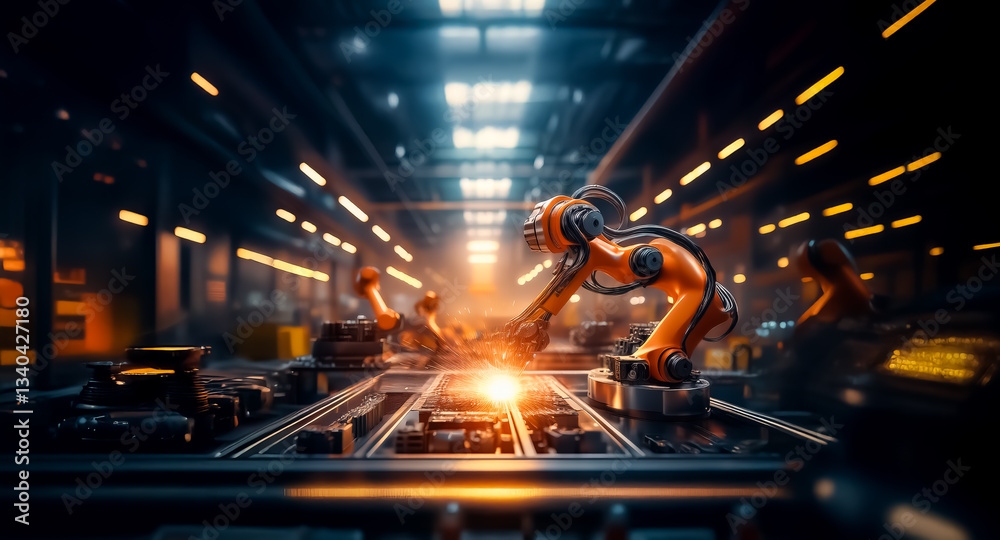 Aufkleber robotic arms work with precision in a dimly lit factory, sparks illuminate the scene during an autom