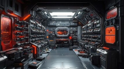 Futuristic spaceship interior.  High-tech, detailed equipment,  red and black accents,  corridor,  technological