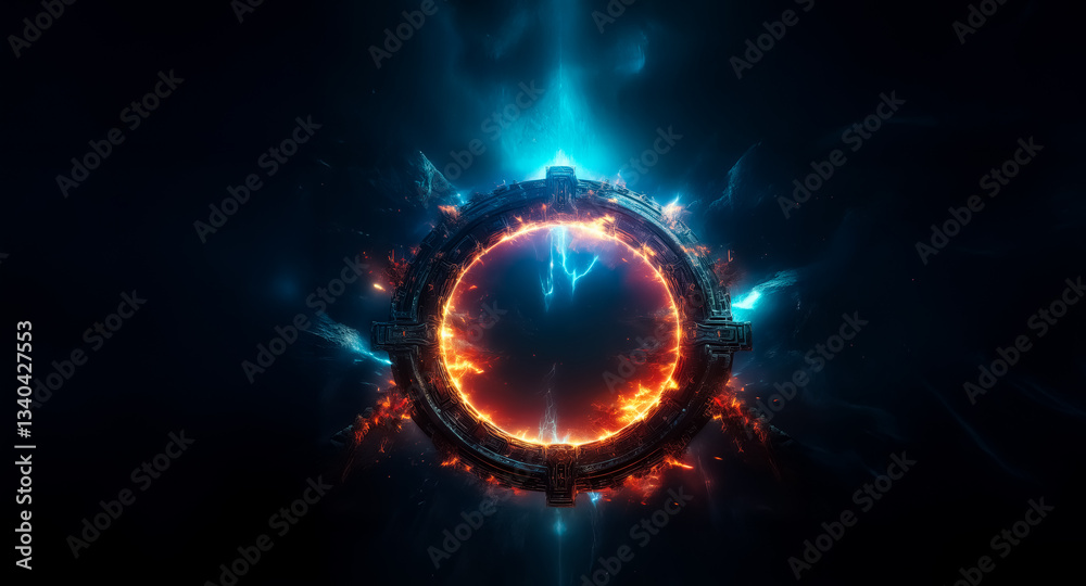 Poster circular portal glows with orange fiery core, blue electric energy outlines on dark backdrop. myster