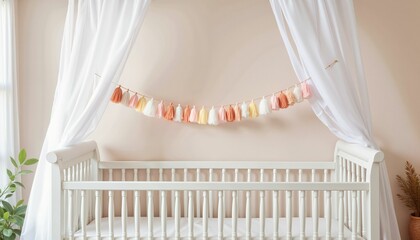 Delicate rainbow garland above baby crib in soft pastels, nursery decor