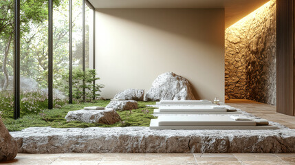 serene spa interior featuring natural elements, stone textures, and minimalist design, creating peaceful atmosphere for relaxation