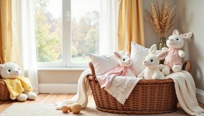 Cozy spring nursery essentials displayed in wicker basket, warmth and comfort
