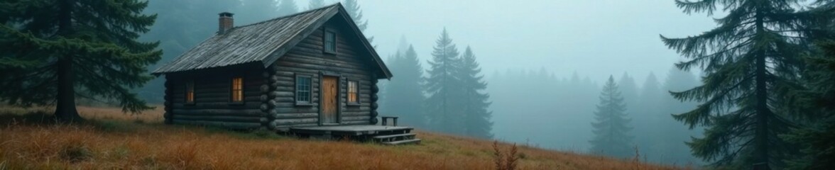 Old wooden cabin amidst fir forest with foggy mist in hipster vibe, outdoor, fir tree