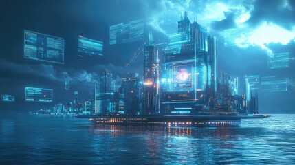 Obraz premium Futuristic Cityscape Glowing Neon Lights and Digital Displays Reflecting in Dark Watery Surface at Night. Dark Blue Water Surface, Illuminated Buildings and Structures, Glowing and Bright Screens and
