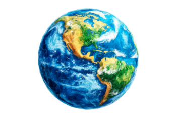 Colorful paper mache globe depicting continents and oceans isolated on transparent background