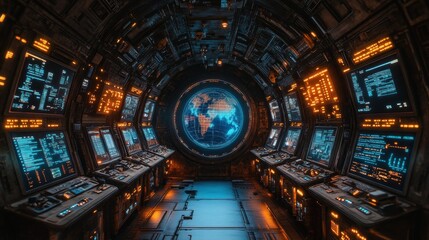 Obraz premium Futuristic spaceship interior with Earth view. Detailed control panels and monitors line the corridor