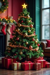 Ornate Christmas tree surrounded by vibrant presents, festive decor, festive gifts