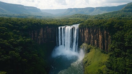 Fototapeta premium Waterfall landscape idea. Breathtaking waterfall cascading over cliffs surrounded by lush greenery and mountains.