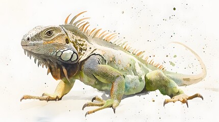 Obraz premium Watercolor illustration of a green iguana walking towards the left