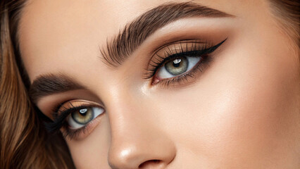 Fototapeta premium Close-up macro of beautiful female eye with perfect shape eyebrows. Clean skin, fashion naturel make-up. Good vision