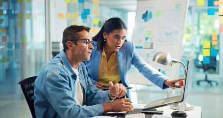 Fototapeta premium Business people, laptop and teamwork in office, internet and meeting for profit growth, talk and website info. Employees, coworking or consultant for sales agency, pc and connection with productivity