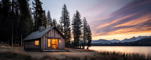 Fototapeta premium Lakeside sunset landscapes concept. Cozy cabin by the serene lake amidst tall trees during a stunning sunset.