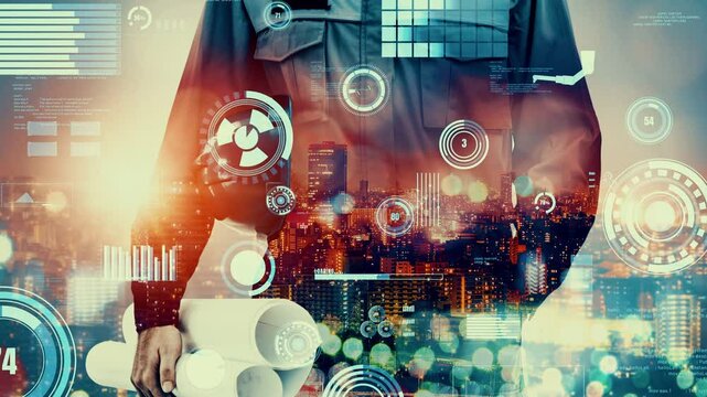 Future building construction and inventive engineering project concept with HUD hologram graphic design. Building engineer, architect people or construction worker works with modern civil technology.