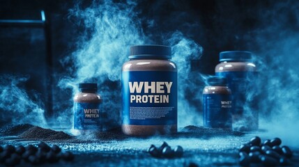 "WHEY PROTEIN" packshot set against a smoky gym backdrop, enhancing the fitness product appeal. 