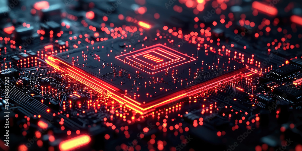 Aufkleber futuristic microchip glowing with red lights, surrounded by network of circuits and digital particles, symbolizes advanced technology and