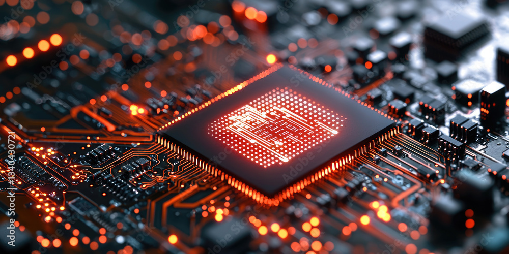 Leinwandbilder close up view of circuit board featuring glowing microchip, showcasing intricate details and vibrant