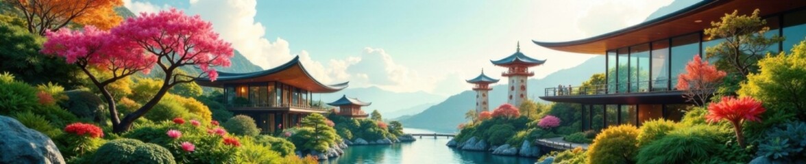 Overlapping botanicals with modern architecture , nature, architecture