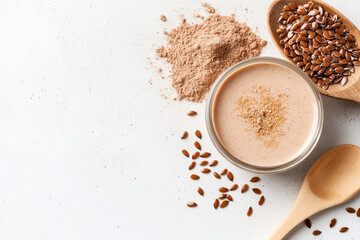 creamy flaxseed smoothie in glass jar is surrounded by whole flaxseeds, flaxseed powder, and wooden spoons on white background