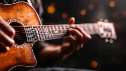 Obraz premium close up of person playing acoustic guitar, with warm lighting and blurred background creating cozy atmosphere. focus is on guitar strings and musician hands
