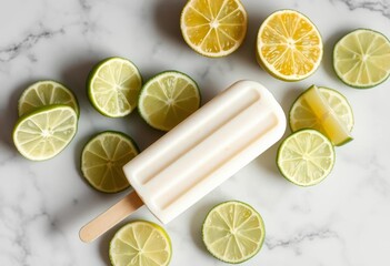 Refreshing lime yogurt popsicles, lime slices on marble,  background,  bright