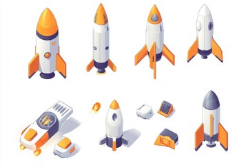 Isometric Rocket Collection, Space Exploration, Digital Illustration