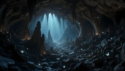 Fototapeta premium Enchanted Cave with Glowing Creatures, Mystical Scene