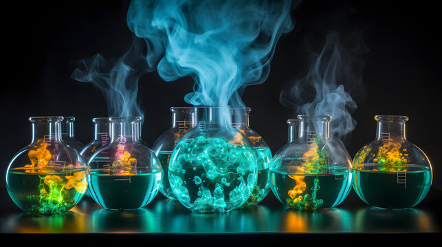 Group of chemistry laboratory glassware with rising smoke and chemical reactions in a controlled environment for thermochemical studies.