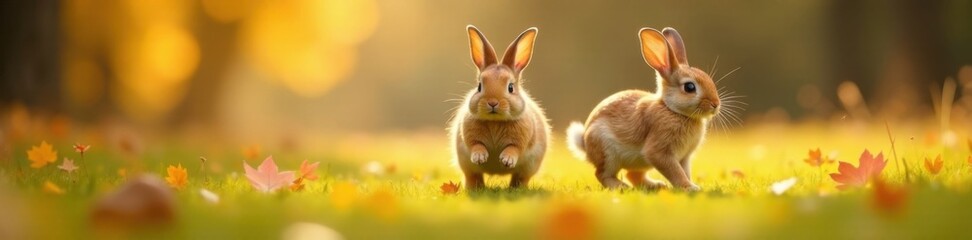 Fototapeta premium Rabbits jumping through the crunchy autumn grass, seasonal, fun