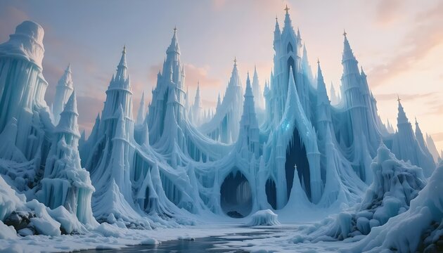 Ice Castle in Frozen Landscape, Winter Fantasy