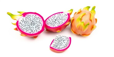 Ripe pink dragon fruit halves and slices isolated on white background, half, texture