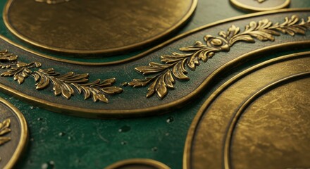 Fototapeta premium Ornate Gold and Green Metallic Texture Background Luxury Decorative Surface Detail