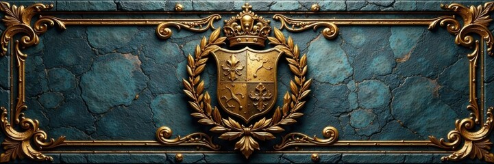 Regal crest on ornate stone background with golden swirls and intricate details, golden swirls, template